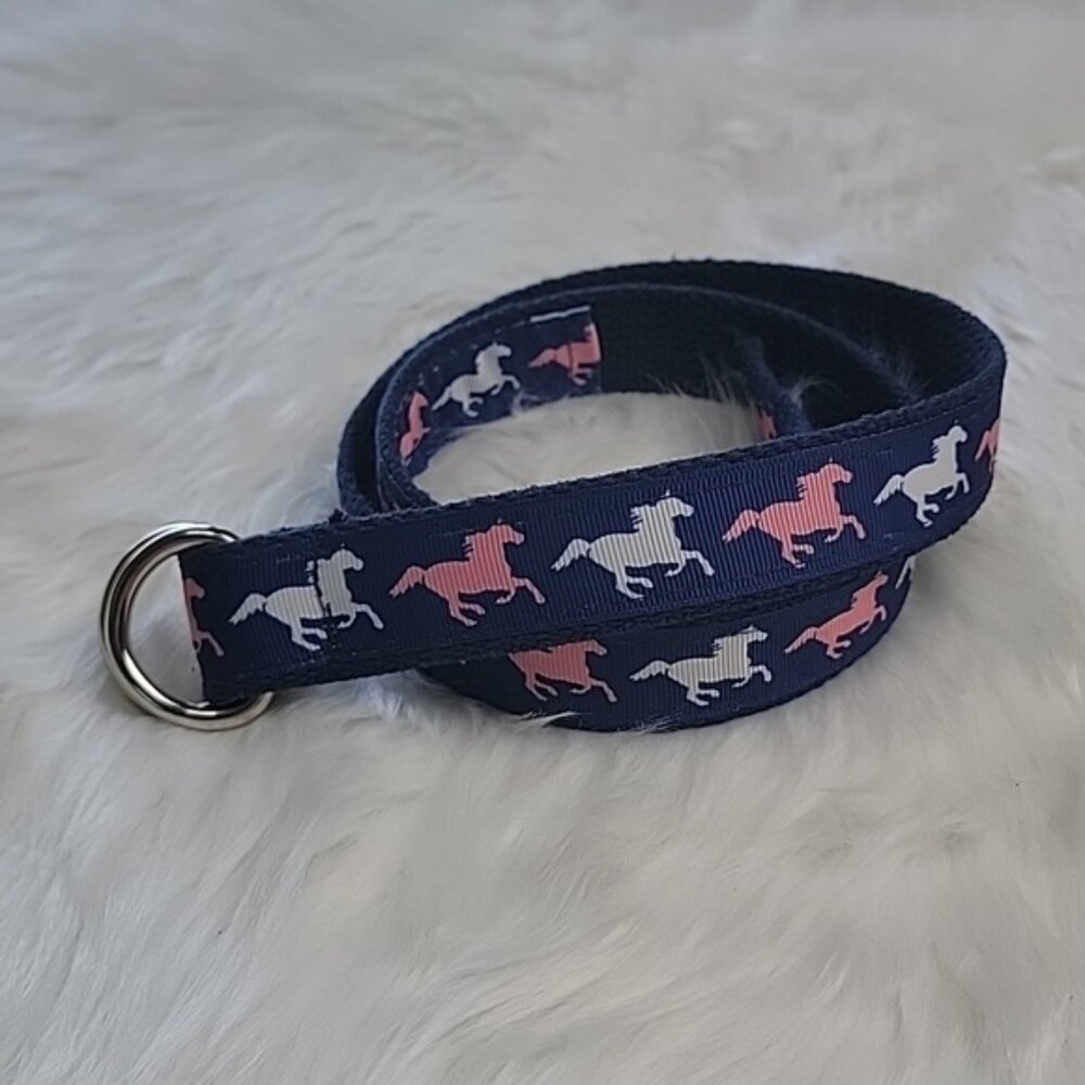 NAVY BLUE Girl's Canvas Pink White Horse Equestrian Preppy Adjustable Belt 2XL‎